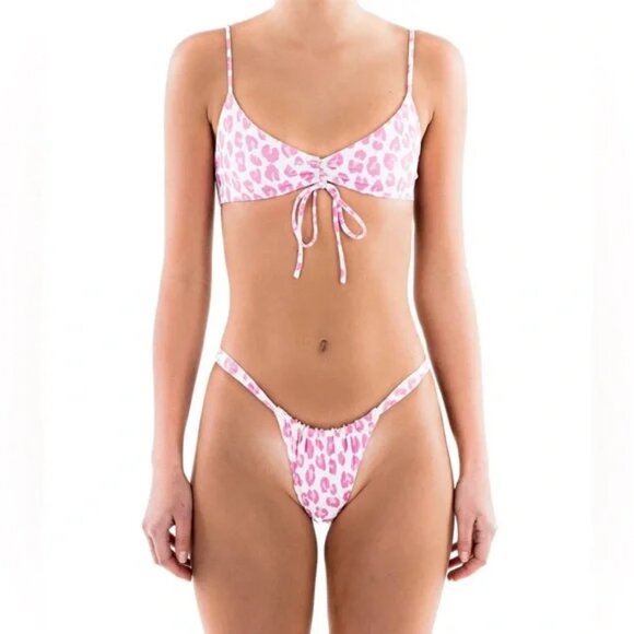 Womens Bamba Pink White Animal Print 2 Pc Swim Bikini Set M - Picture 1 of 10
